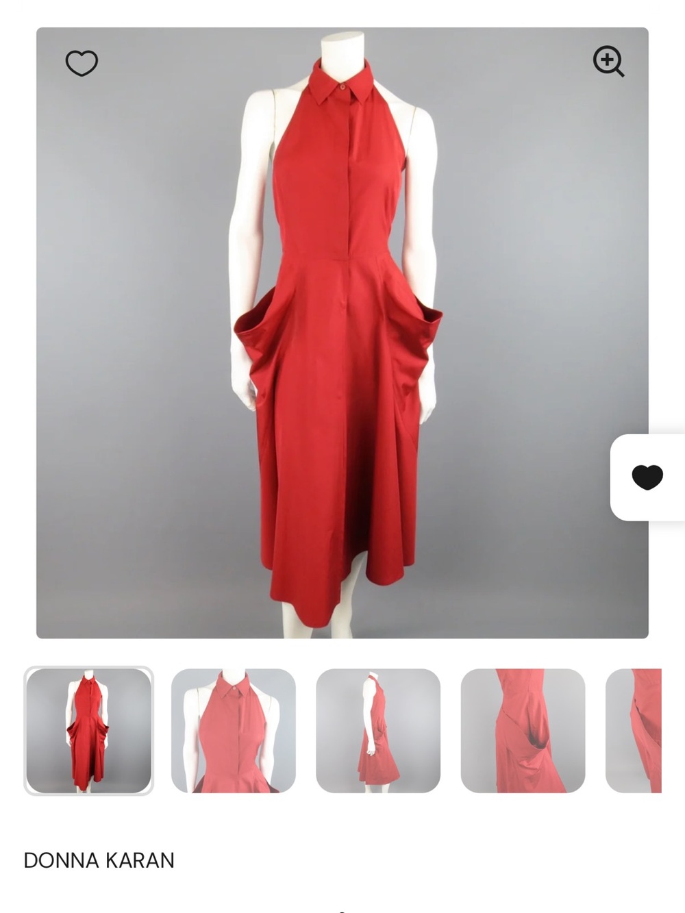 Donna Karan Crimson Halter Midi Dress with Draped Side Pockets